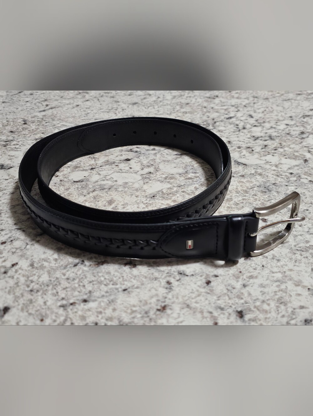 Tommy Hilfiger Men's Black Coated Leather Belt Braided Silver Buckle Size 40/100